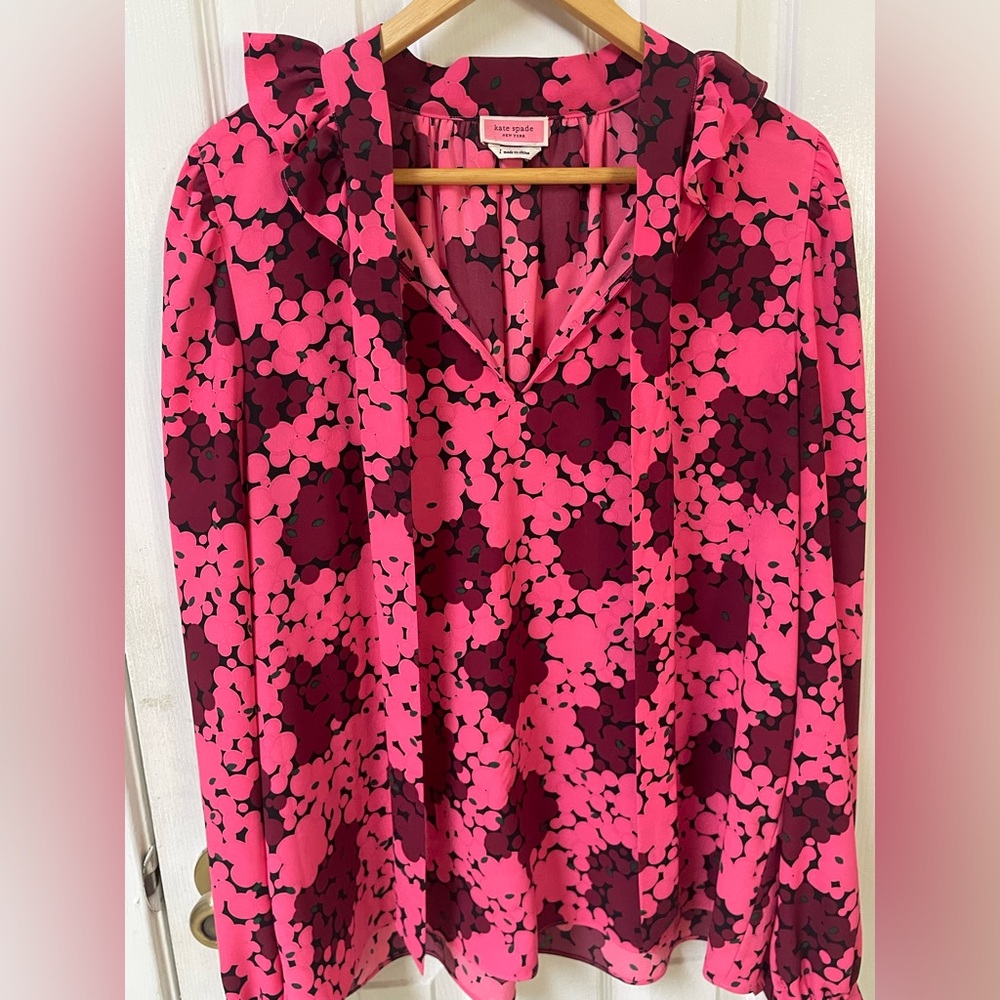 Kate Spade Blouse Top Women’s Large Bubble Dot Floral Tie Neck Pink Designer - Picture 4 of 10